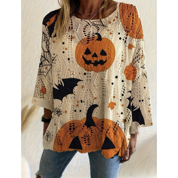 Styleworks Sweaters - Halloween Pumpkin Bat Hollowed-Out Sweater, Loose Batwing Lazy Style Top New